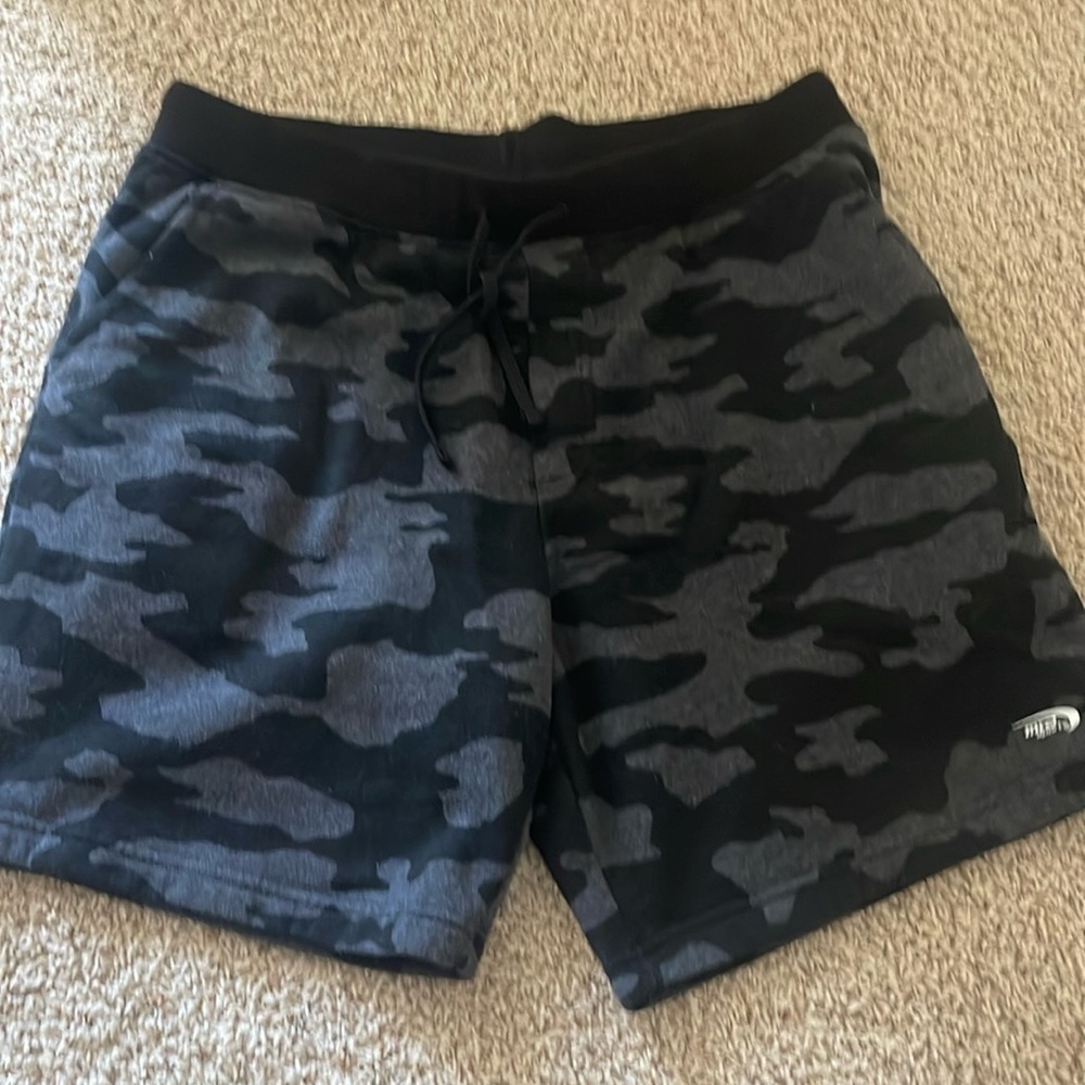 Size large. Men’s sweat shorts. Black and grey camouflage